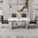 Hearth and Haven Modern Minimalist Dining Table. Imitation Marble Glass Sticker Desktop, Stainless Steel Legs, Stable and Beautiful. 4 Black Leatherette Seats. 63 "x 35.4" x 29.5 "Dt-69 C-1162 W1151S00835