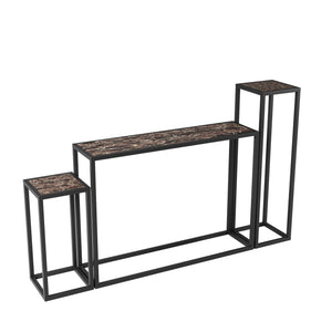 English Elm 3-piece narrow console set with PU leather edges, industrial farmhouse entry table trio, space-saving black brown blend W578P357516