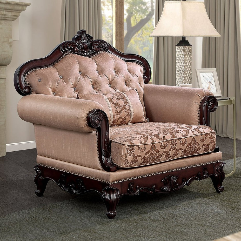 English Elm Dark Cherry Wood Accent Chair Button Tufted Rolled Arms Nailhead Trim Jacquard Seat B2741P439041