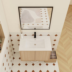 English Elm 30" Floating Bathroom Vanity Dark Oak Cabinet Ceramic Sink Open Shelf Soft Close Glossy White,Light Oak W3450P435844