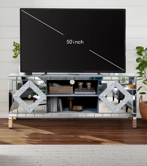 English Elm 47 Inch Mirror Tv Media Console - Stylish Dual Door Design With Elegant Diamond Glass, Ideal For 50-Inch Tvs W1445P299046