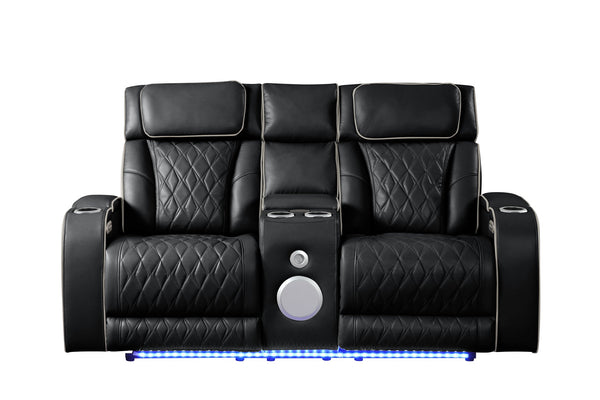 English Elm Fortuner Power Recliner 2PC Set in Black — Faux Leather, LED Lighting, Massage, Bluetooth Speakers, USB Charging B009S01799