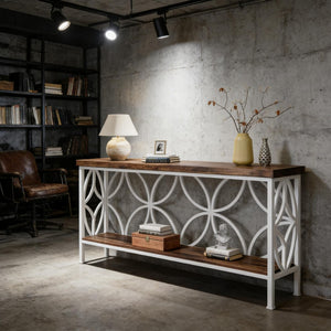 English Elm Coffee Console Table Industrial Metal Frame Vintage Wood Grain 2 Tier Entryway Sofa Rustic,White T3971P446786