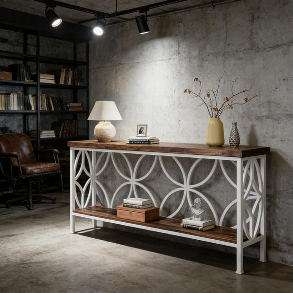 English Elm Coffee Console Table Industrial Metal Frame Vintage Wood Grain 2 Tier Entryway Sofa Rustic,White T3971P446786