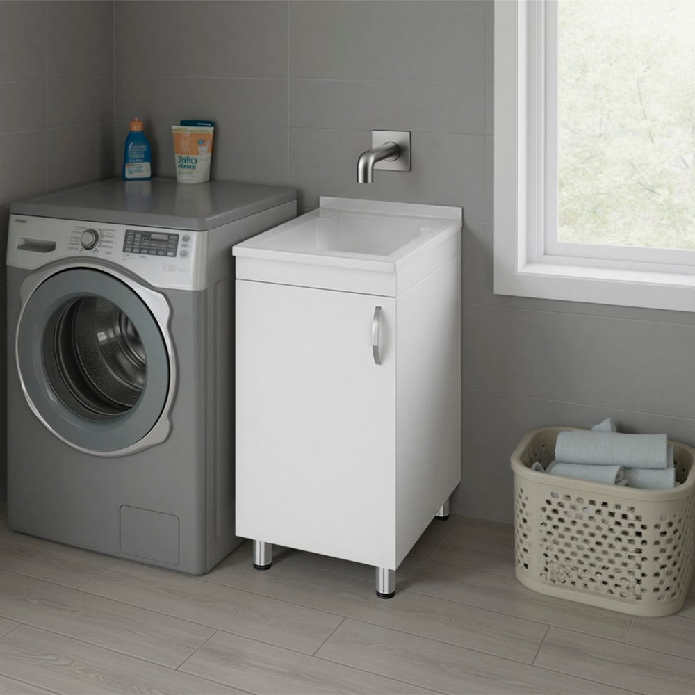 English Elm Slee White Utility Sink Cabinet with Metal Legs and Storage for Laundry Mudroom B128S00247