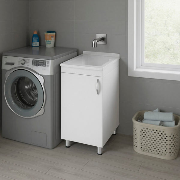 English Elm Slee White Utility Sink Cabinet with Metal Legs and Storage for Laundry Mudroom B128S00247