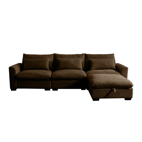 English Elm Corduroy Sectional Sofa - Versatile L-Shaped Couch With Storage Footstool & Lumbar Pillows, Brown W714S00661