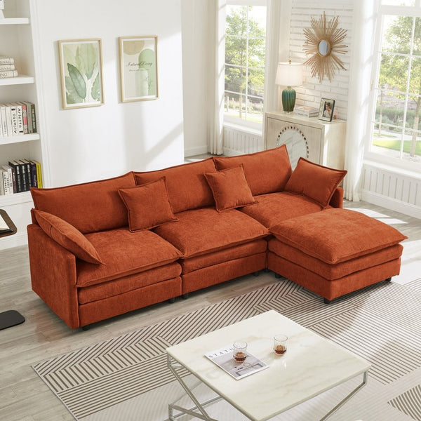 English Elm 105" L-shaped Chenille Sectional with Ottoman Pocket Spring Living Room Sofa Dark Orange W1097S00289
