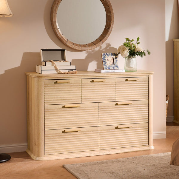 English Elm Fluted Wave Panel 7 Drawer Mdf Dresser Modern Bedroom Storage with Tv Stand Top T5326P425097