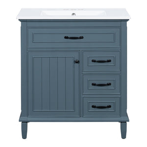 English Elm 30 Inch Freestanding Bathroom Vanity Solid Pine Cabinet Ceramic Sink Top Storage Blue Gray N725P412782C