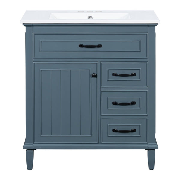 English Elm 30 Inch Freestanding Bathroom Vanity Solid Pine Cabinet Ceramic Sink Top Storage Blue Gray N725P412782C