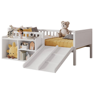 English Elm Twin Low Loft Kids Bed with Fun Slide Climbing Structure and Movable Bookshelf White W2593P437109