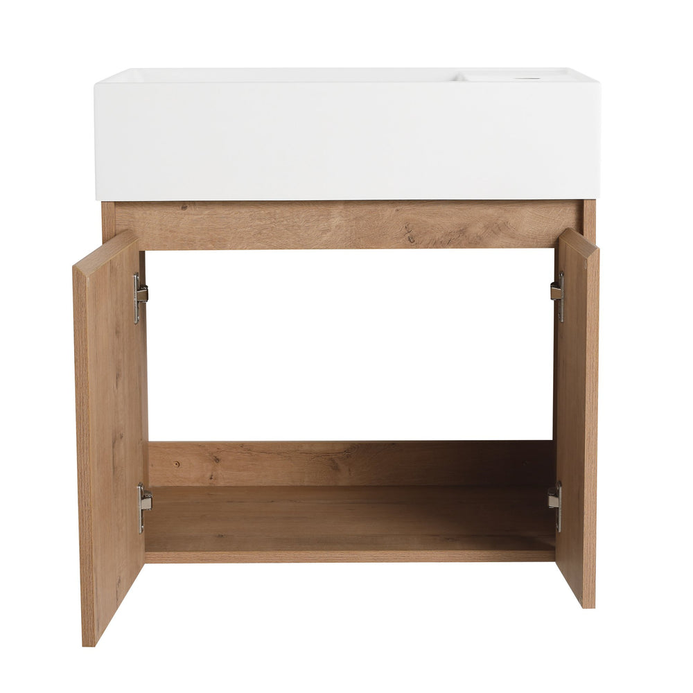 English Elm 24 Inch Bathroom Cabinet Resin Sink Vanity with Soft-Close Doors, Beveled Handle, Water-Resistant Finish Imitative Oak W999P228748