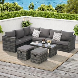English Elm 6 Piece Outdoor Modular Sectional with Pe Wicker Cushioned Seating and Tempered Glass Table Dark Gray W874S00064