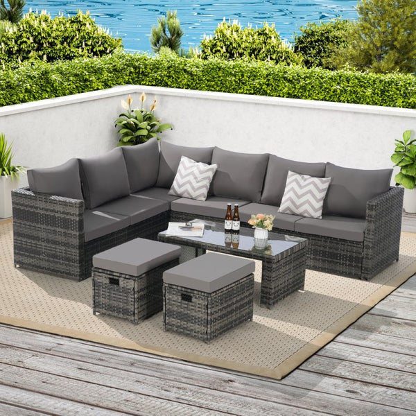 English Elm 6 Piece Outdoor Modular Sectional with Pe Wicker Cushioned Seating and Tempered Glass Table Dark Gray W874S00064