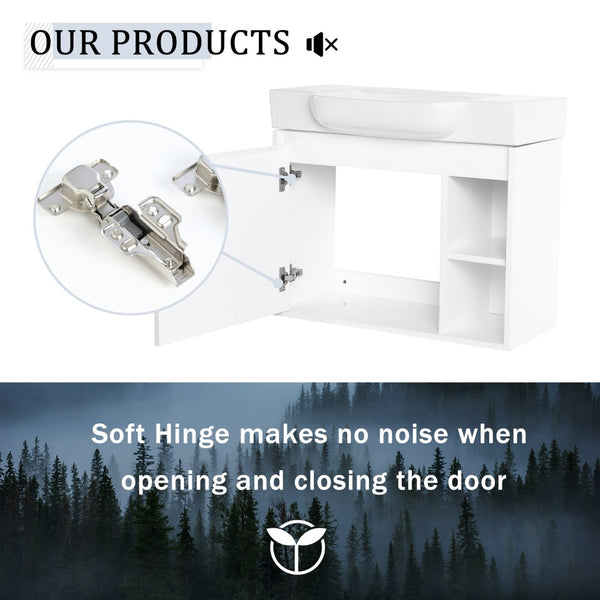 English Elm 28'' Floating Bathroom Vanity with Ceramic Sink Soft Close Door Melamine Cabinet Glossy White W999P426642