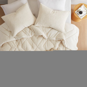 JLA Home Comfort Spaces - Double Double Diamond quilted teddy comforter set - plush microfiber reverse, Oeko-Tex certified cozy luxury Ivory AM10-0267