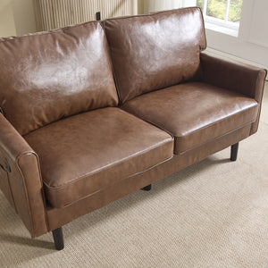English Elm Loveseat Modern Mid-Century 2-Seater with USB Type-C Charging, Removable Zippered Covers, Sturdy Wood Legs Brown PU W395P238821