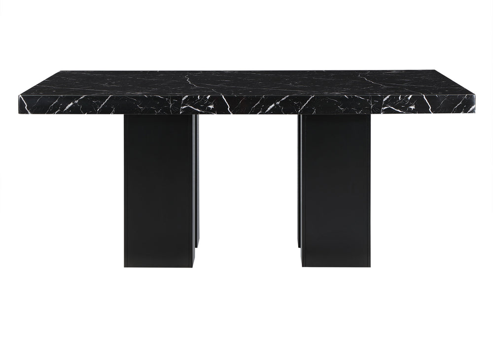 English Elm JHOANNA Solid Wood Dining Table in Black Finish with Extra-Thick Top, Double Pedestal Base, Silver Connector B201S00092