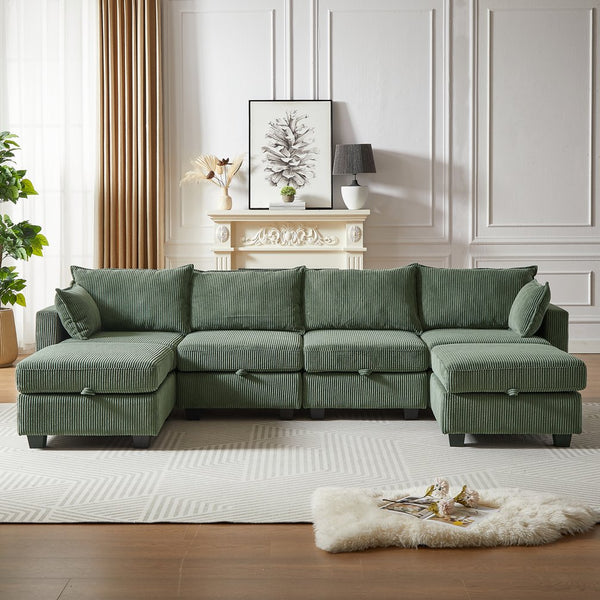 English Elm 113.5'' Modular Sectional Sofa with Storage Ottoman, Convertible U or L Shape Sleeper for 6 Seats Green W834S00251