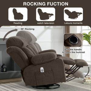 English Elm Swinging Velvet Recliner Chair with Massage Heat Usb Port and 360 Swivel Lounge Seat Brown W1807P298214