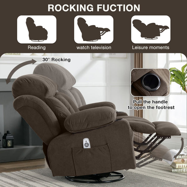English Elm Swinging Velvet Recliner Chair with Massage Heat Usb Port and 360 Swivel Lounge Seat Brown W1807P298214