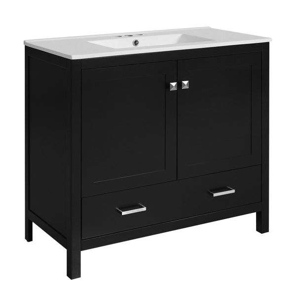 English Elm 36" Black Bathroom Vanity with Ceramic Sink, Soft-Close Doors, Divided Drawer & Double Shelves — Modern Storage Solution for Small to Medium Baths N729P276609B