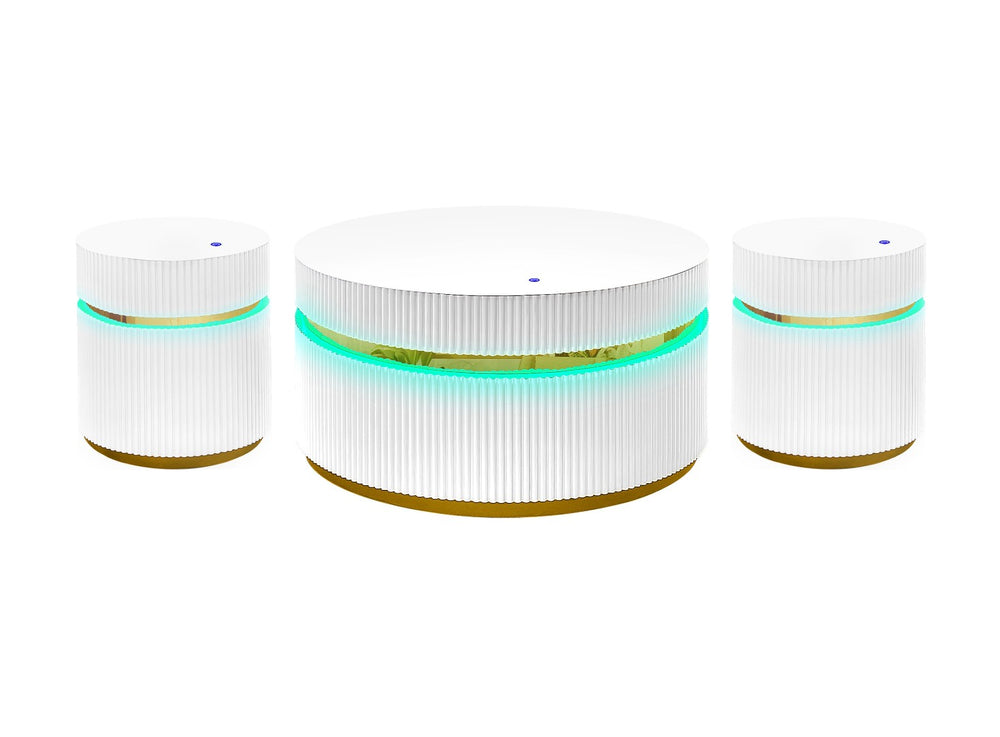 English Elm Tavita Glam Three Piece Round Glass Top Tables with Led Glow and Gold Reeded Base B061S00877