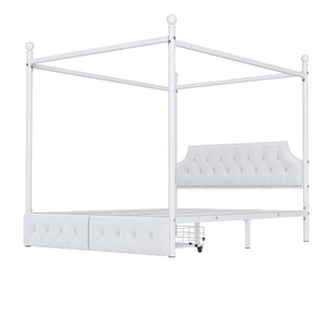 English Elm Queen Metal Canopy Platform Bed with Upholstered Velvet Headboard, Built-In Storage Drawers, White Elegance DL000656AAK