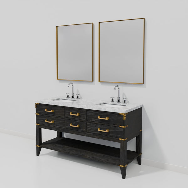 English Elm Black Oak Double Bath Vanity With Carrara Marble Top, Chrome Faucets & 28" Mirrors For Stylish Upgrade B2731S02196
