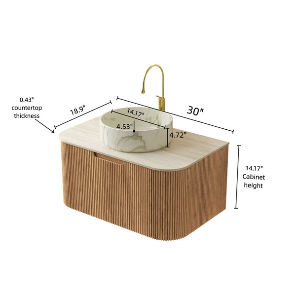 English Elm Muri Floating Bathroom Vanity Plywood Cabinet Sintered Stone Top Oak Drawer Beige,Natural Wood,White W2615S00508