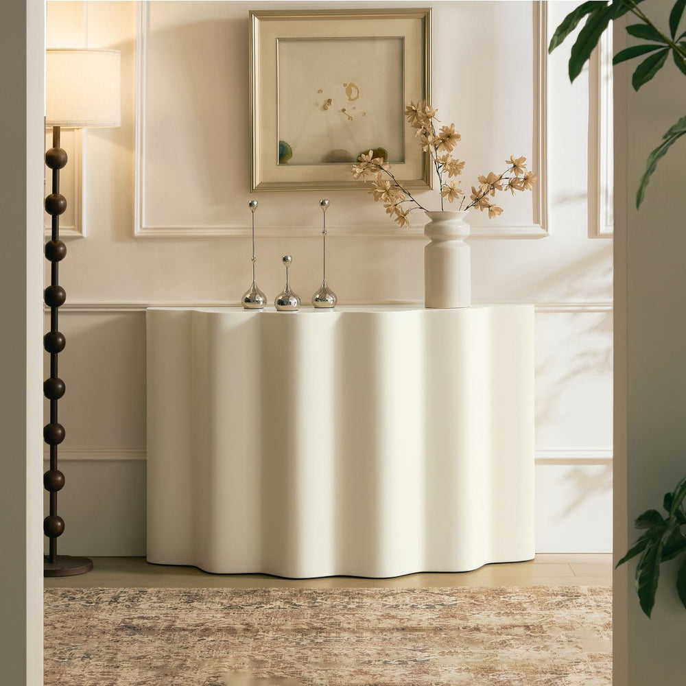 English Elm 47.24 Inch Fiberglass Sculptural Console Table Wavy Organic Form for Hallway or Entryway W2582P427012