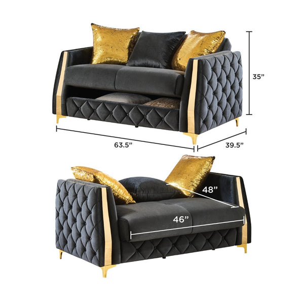 English Elm Lippa Quilted Sleeper Loveseat with Gold Steel Legs Storage and Foam Cushion Seat Black B009S02233