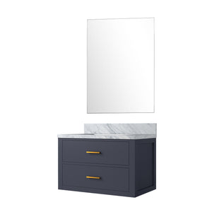 English Elm Blue Single-Sink Bathroom Vanity Set With Carrara Marble Top & Frameless Mirror For Elegant Style B2731S01425