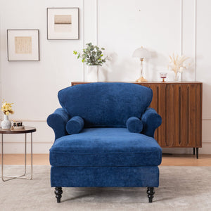 English Elm [New] Oversized Chaise Lounge Indoor Chenille Sleeper Recliner Armchair with Wide Foam Seat & Pillows Blue W2363S00084
