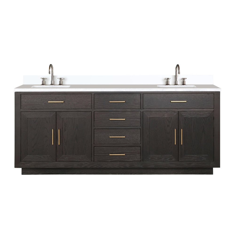 English Elm Brown Oak Double Bath Vanity 80" W x 22" D with White Quartz Top, Soft-Close Drawers & Chrome Faucets B2731P257818