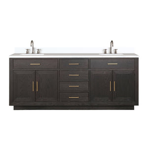 English Elm Brown Oak Double Bath Vanity 80" W x 22" D with White Quartz Top, Soft-Close Drawers & Chrome Faucets B2731P257818