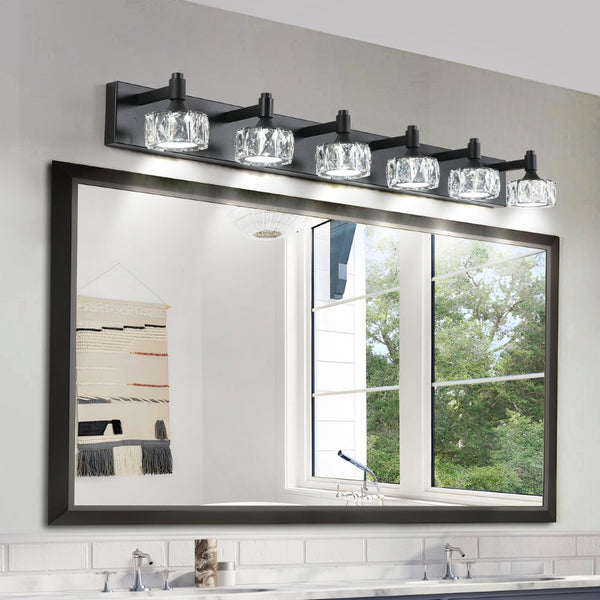 English Elm Modern Six Light Matte Black Vanity Fixture Crystal Shades Bathroom Led Wall Sconce W1340P206827