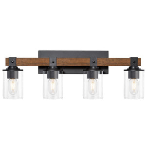 English Elm 4-light Industrial Farmhouse Vanity Bar Wood Backplate Matte Black Clear Glass Bath T3963P458336
