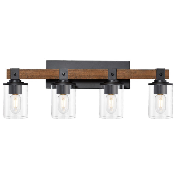 English Elm 4-light Industrial Farmhouse Vanity Bar Wood Backplate Matte Black Clear Glass Bath T3963P458336