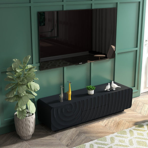 English Elm 58''tv Console Sculpted Spiral Wave Relief Walnut Mid-century Media Stand with Storage Black W2263P412355