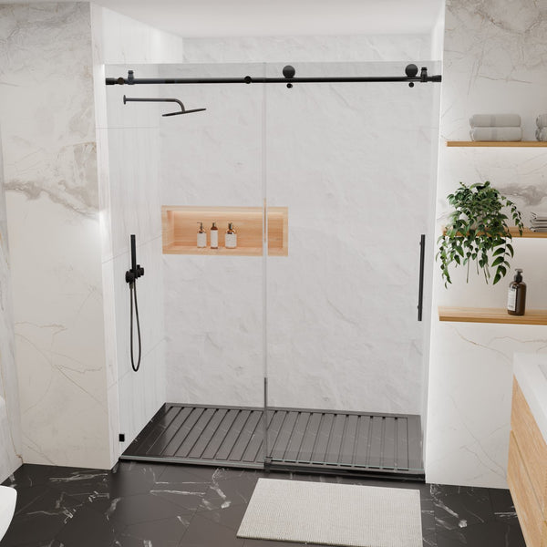 English Elm 56-60"W Frameless Sliding Shower Door with 5/16" Tempered Glass, Smooth Whisper-Quiet Rollers, Easy-Clean Coating Matt Black W1865S00162