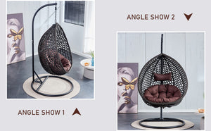 English Elm 76.8-inch Hand Woven Rattan Egg Swing Chair Indoor Outdoor with Cushion Lumbar Pillow Black W1512P498596