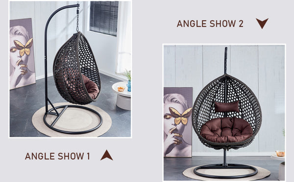 English Elm 76.8-inch Hand Woven Rattan Egg Swing Chair Indoor Outdoor with Cushion Lumbar Pillow Black W1512P498596