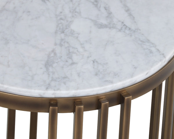 Sunpan Naxos Side Table - Elegant Carrara Marble & Smoked Glass Design with Rustic Bronze Frame for Luxury Spaces
