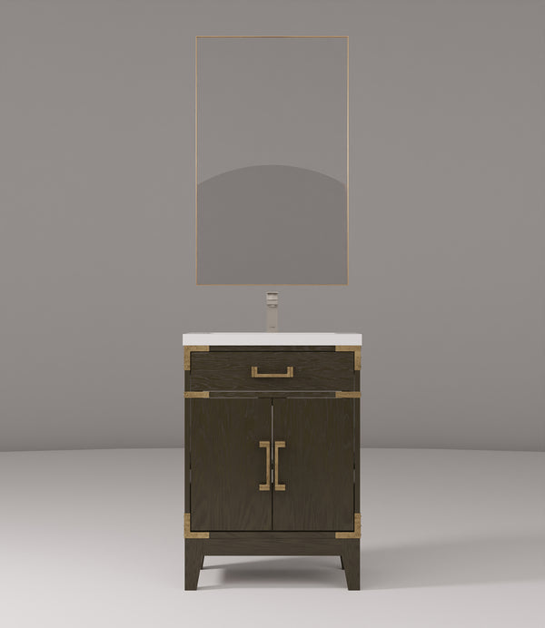 English Elm Brown Oak Single Bath Vanity 24" W x 18" D with Acrylic Top, 18" Mirror & Chrome Gooseneck Faucet Set B2731S02000
