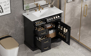 English Elm 36-Inch Modern Bathroom Vanity with Ceramic Basin, 4 Drawers & Soft-Close Door, Pre-Drilled Faucet Ready, Durable MDF and Solid Wood Construction (36"L x 18.3"W x 33.4"H) Black N725P296118B