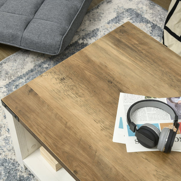 English Elm HOMCOM Rustic Farmhouse Coffee Table with Drawer & Open Shelf, Sturdy 132lb Capacity, White/Walnut W2225P200900