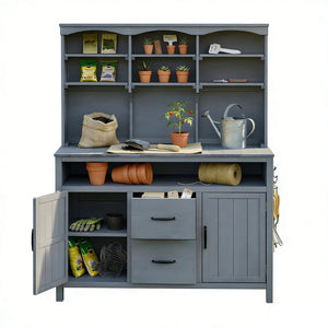 English Elm (with Hutch) Topmax Solid Fir Outdoor Potting Bench Station Cabinets Drawers Patio Garden Gray N717P404332E