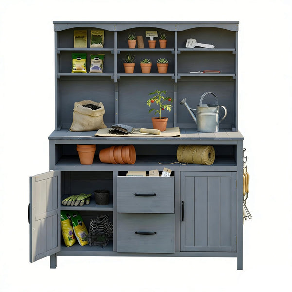 English Elm (with Hutch) Topmax Solid Fir Outdoor Potting Bench Station Cabinets Drawers Patio Garden Gray N717P404332E